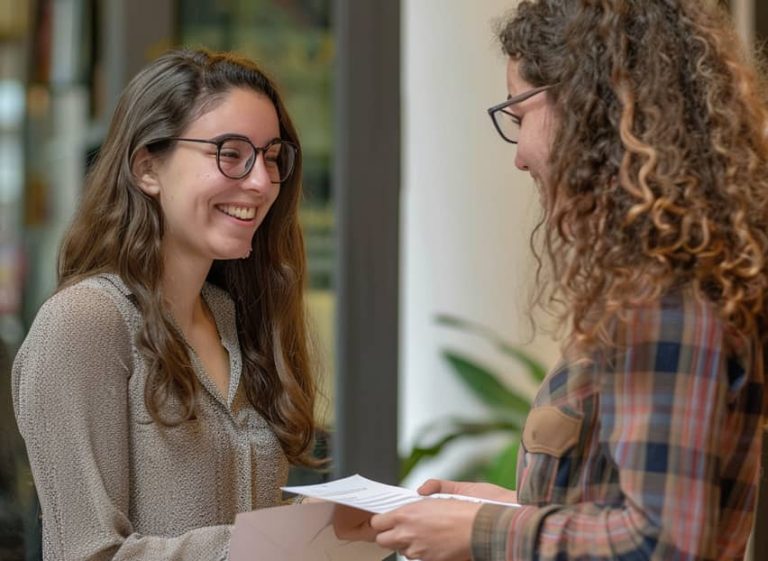 Une femme donnant un extrait KBIS à une autre