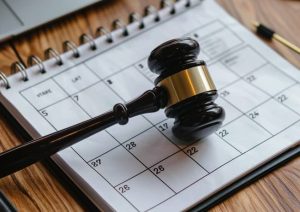Le marteau d'un juge reposant sur un calendrier