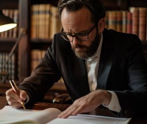 Un avocat en costume et lunettes relit un contrat