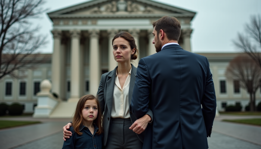 Une femme, un homme et une jeune fille se tiennent côte à côte devant un grand palais de justice