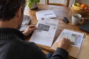 Une personne est assise à une table en bois, en train de consulter des documents officiels